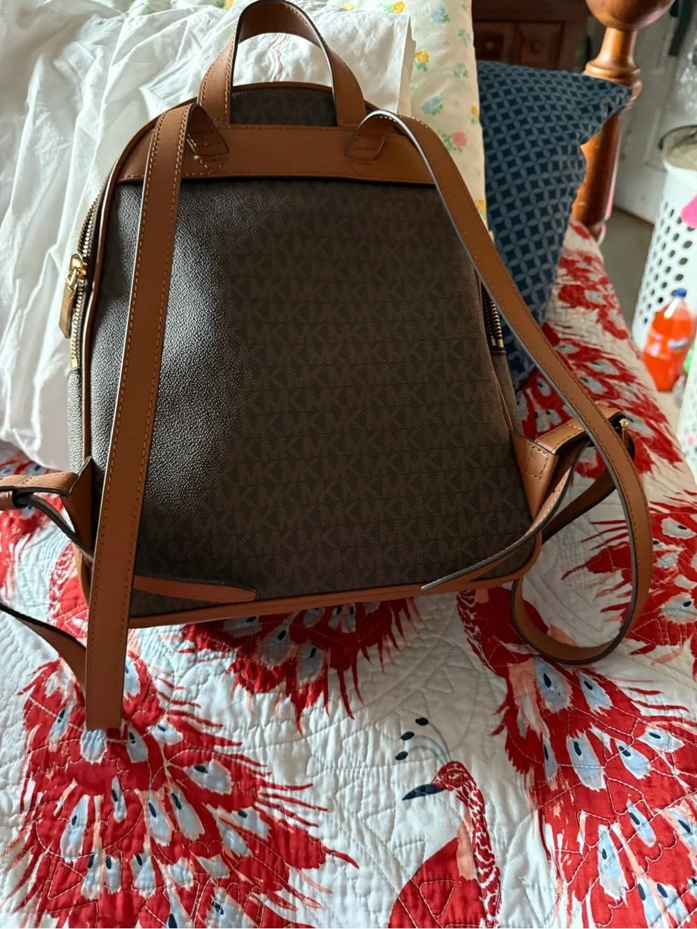Michael Kors Brown Signature Backpack with Blue-Striped Wallet